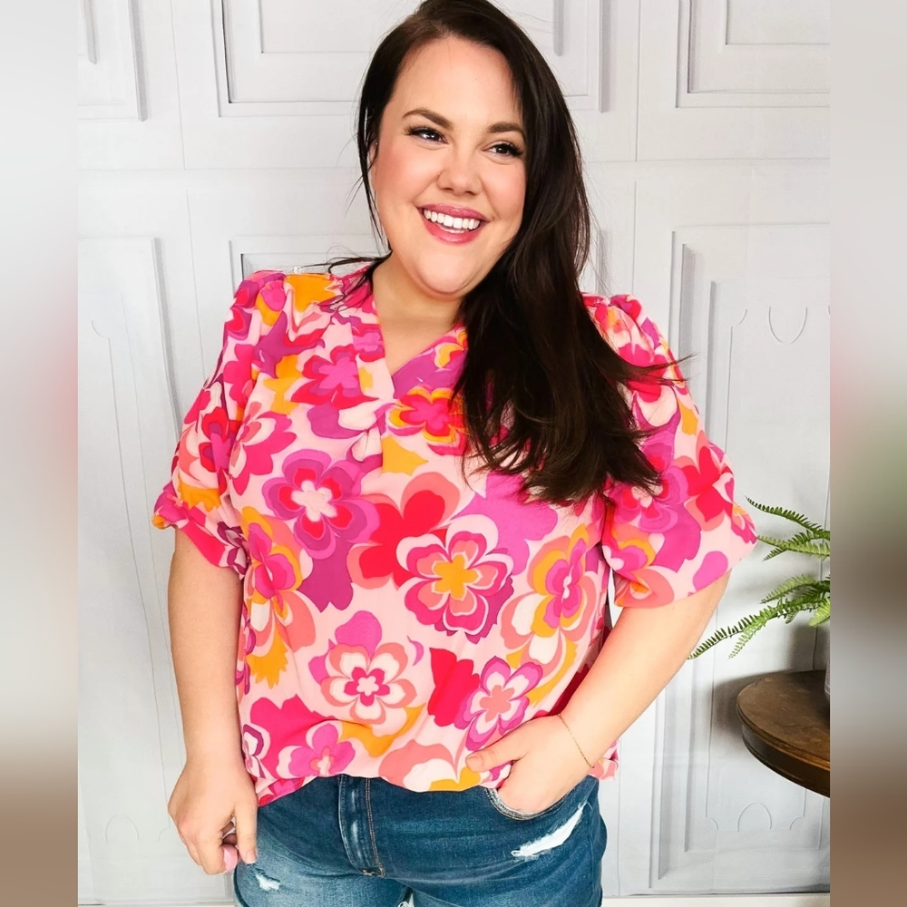 💥NEW All That You Need Pink Floral Puff Sleeve V Neck Top